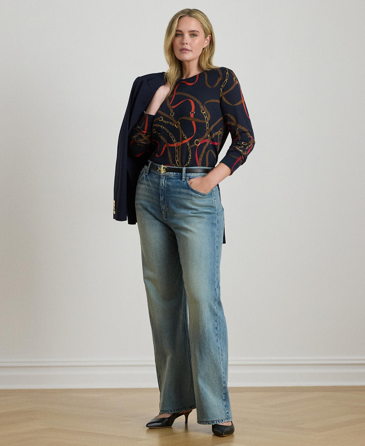 Ralph Lauren Plus Size Belting-print Long-sleeve Sweater In Multi