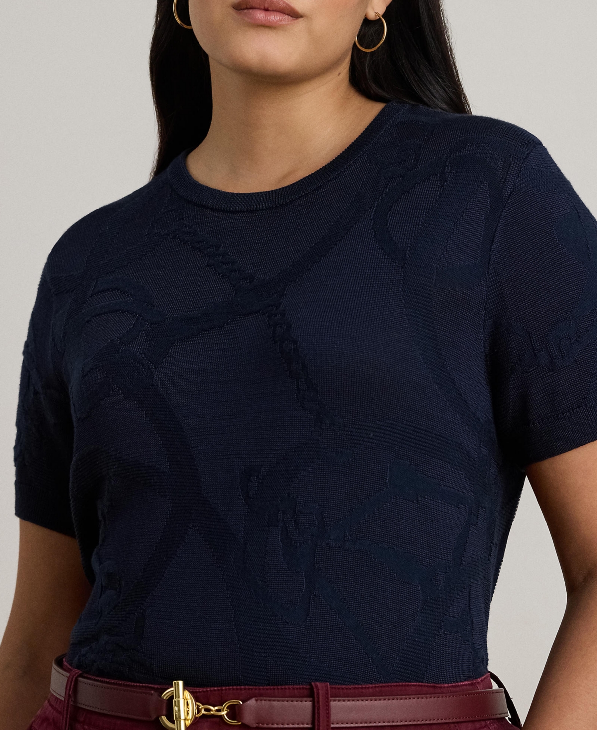 Ralph Lauren Plus Size Belting-motif Short-sleeve Sweater In Blue