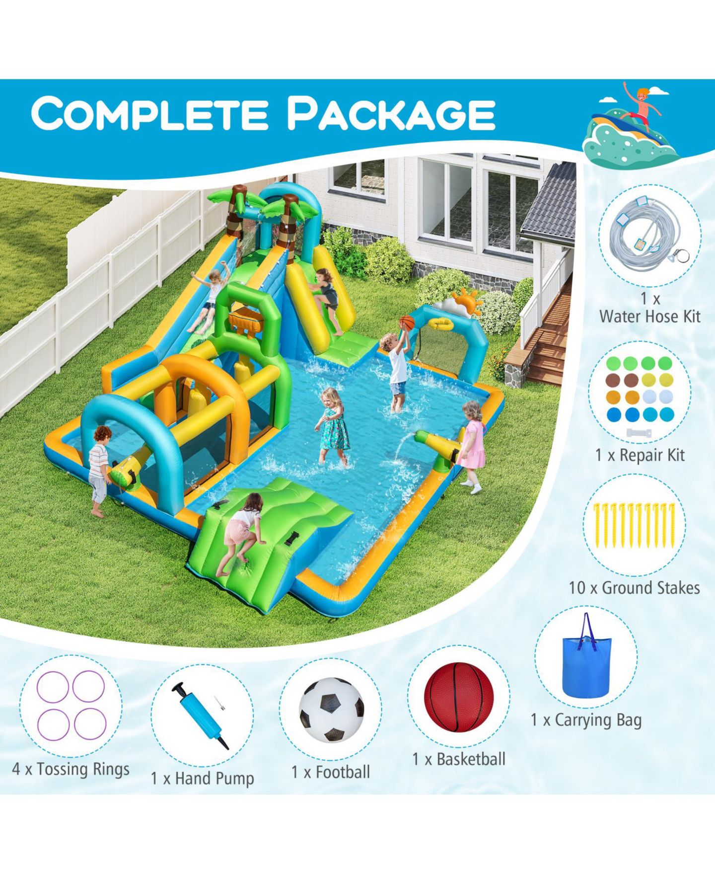 Детская игрушка SKONYON Tropical Dual Slide Aqua Park Inflatable Water Slide, Accommodates Up to 5 Children, Ages 3-12, цвет: Синий — фото 8
