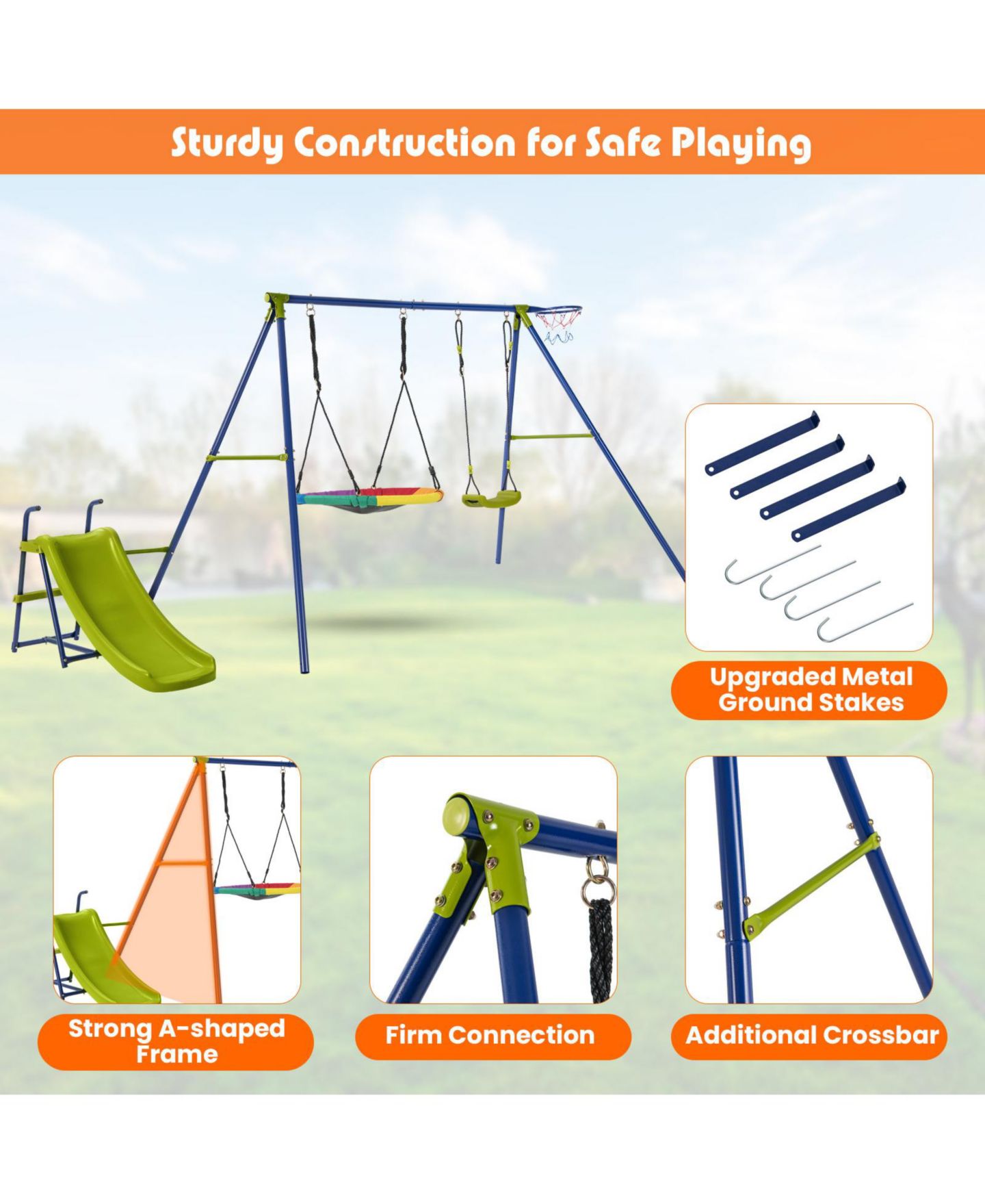 Детский игровой набор SKONYON 4-in-1 Adjustable Metal Playset with Slide, Basketball Hoop & Swings, Ages 3-12, цвет: Синий — фото 7
