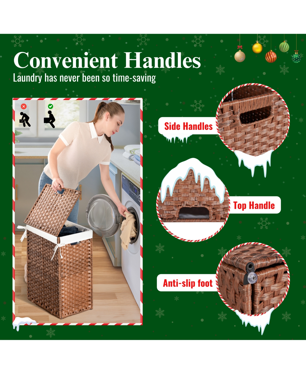 Lovmor Laundry Hamper With Lid Pe Rattan Powder Coating Frame Clothes Hampers with 01 Removable Bags, 100L