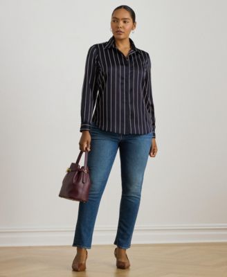 Plus Size Striped Charmeuse Long-Sleeve Shirt
