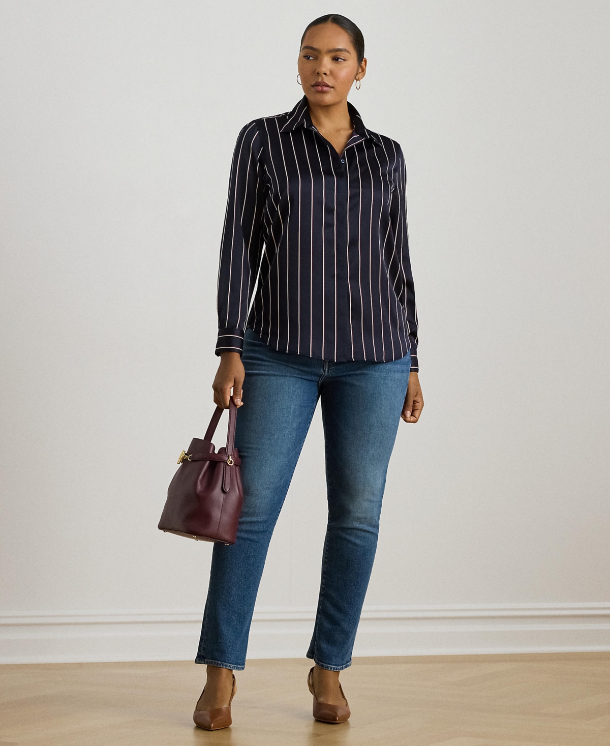 Ralph Lauren Plus Size Striped Charmeuse Long-sleeve Shirt In Blue