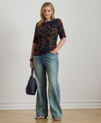 Plus Size Print Stretch Boat Neck T-Shirt