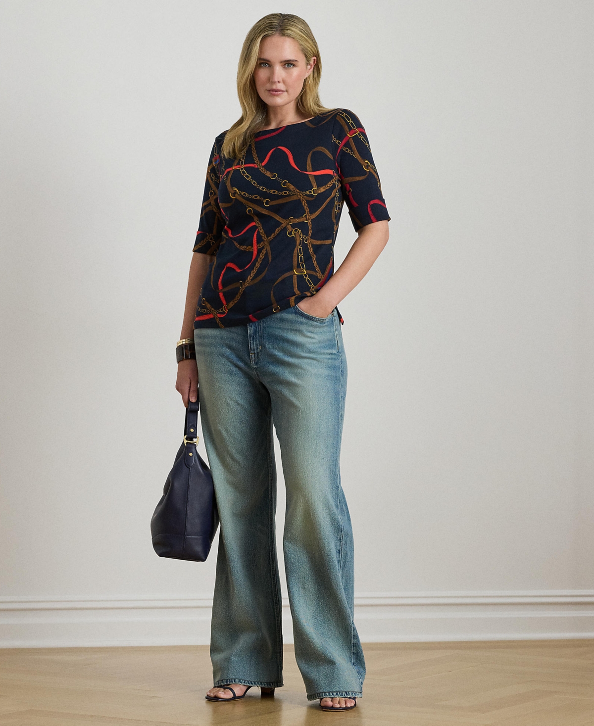 Ralph Lauren Plus Size Belting Print Boat Neck T-shirt In Multi