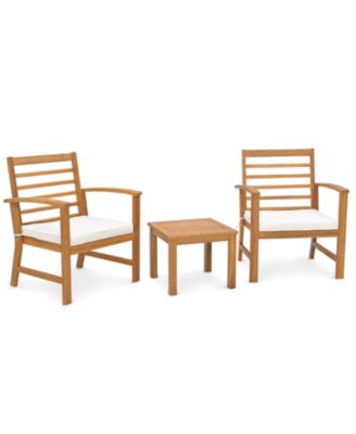 3PCS Furniture Set Acacia Wood Conversation Set w/ Soft Seat Cushions Outdoor White