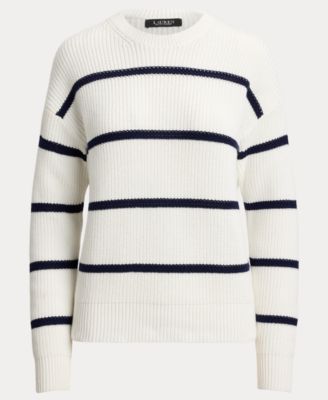 Women's Striped Rib-Knit Cotton Crew Neck Sweater