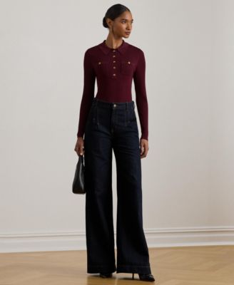 Women's Rib-Knit Long-Sleeve Polo Sweater