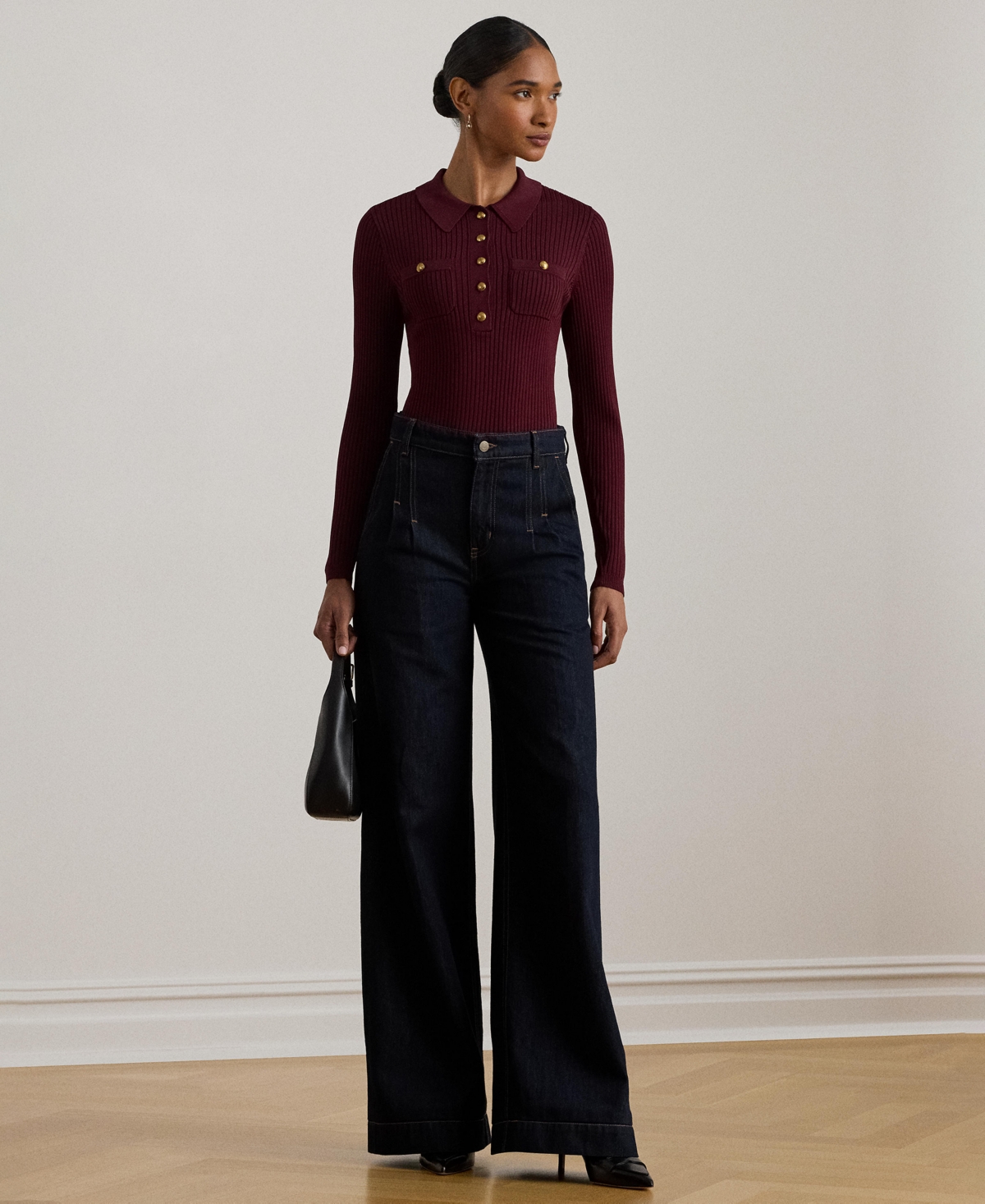 Lauren Ralph Women's Rib-Knit Long-Sleeve Polo Sweater