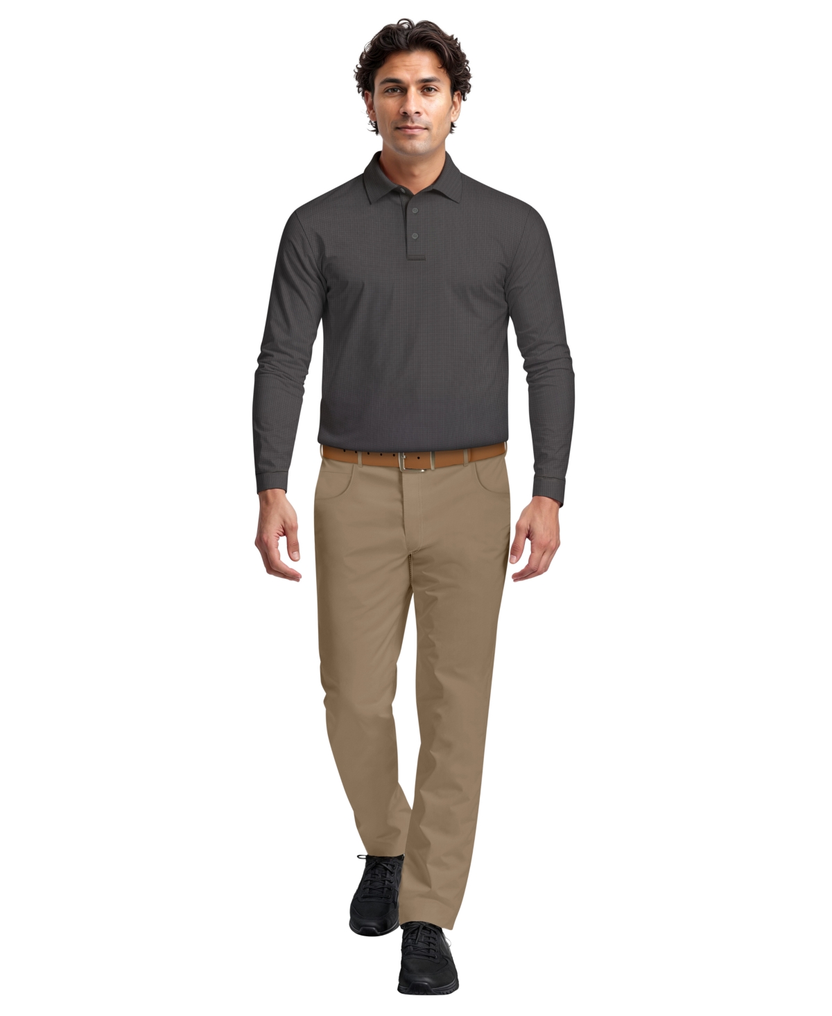 Pga Tour Men's Houndstooth Pattern Long-Sleeve Golf Polo Shirt