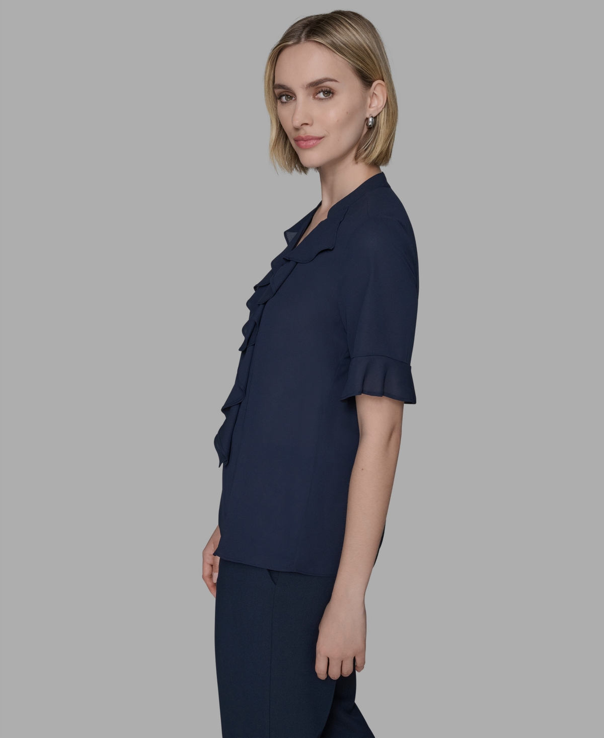 Karl Lagerfeld Women's V-neck Ruffle Front Top In Blue