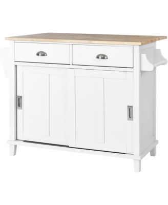 Rubber Wood Kitchen Cart with Drop Leaf, Sliding Barn Door and 2 Drawers