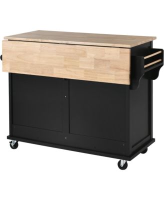 Rubber Wood Kitchen Cart with Drop Leaf, Sliding Barn Door and 2 Drawers