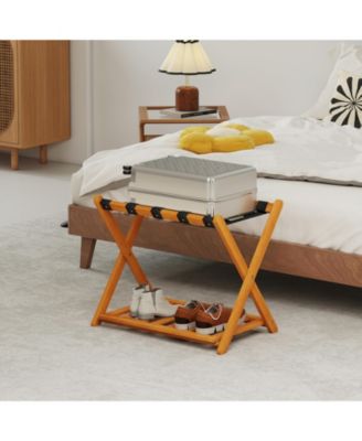 Luggage Racks Set of 2 with Storage Shelf &amp; 5 Nylon Straps Luggage Holder