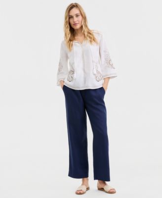 Women's Embroidered 100% Linen Split-Neck Tunic, Macy's Exclusive