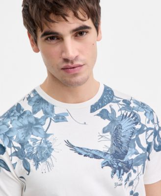 Men's Relaxed Fit Short Sleeve Crewneck Floral Hawk Print T-Shirt