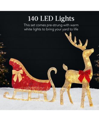 Lighted 2D Reindeer & Sleigh Set Outdoor Decor w/ Warm White LED Lights