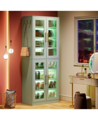 Tall Shoe Cabinet with Acrylic Doors and LED Lights, 8-Tier Entryway Shoe Storage Rack with Adjustable Shelves and Hanging Hooks