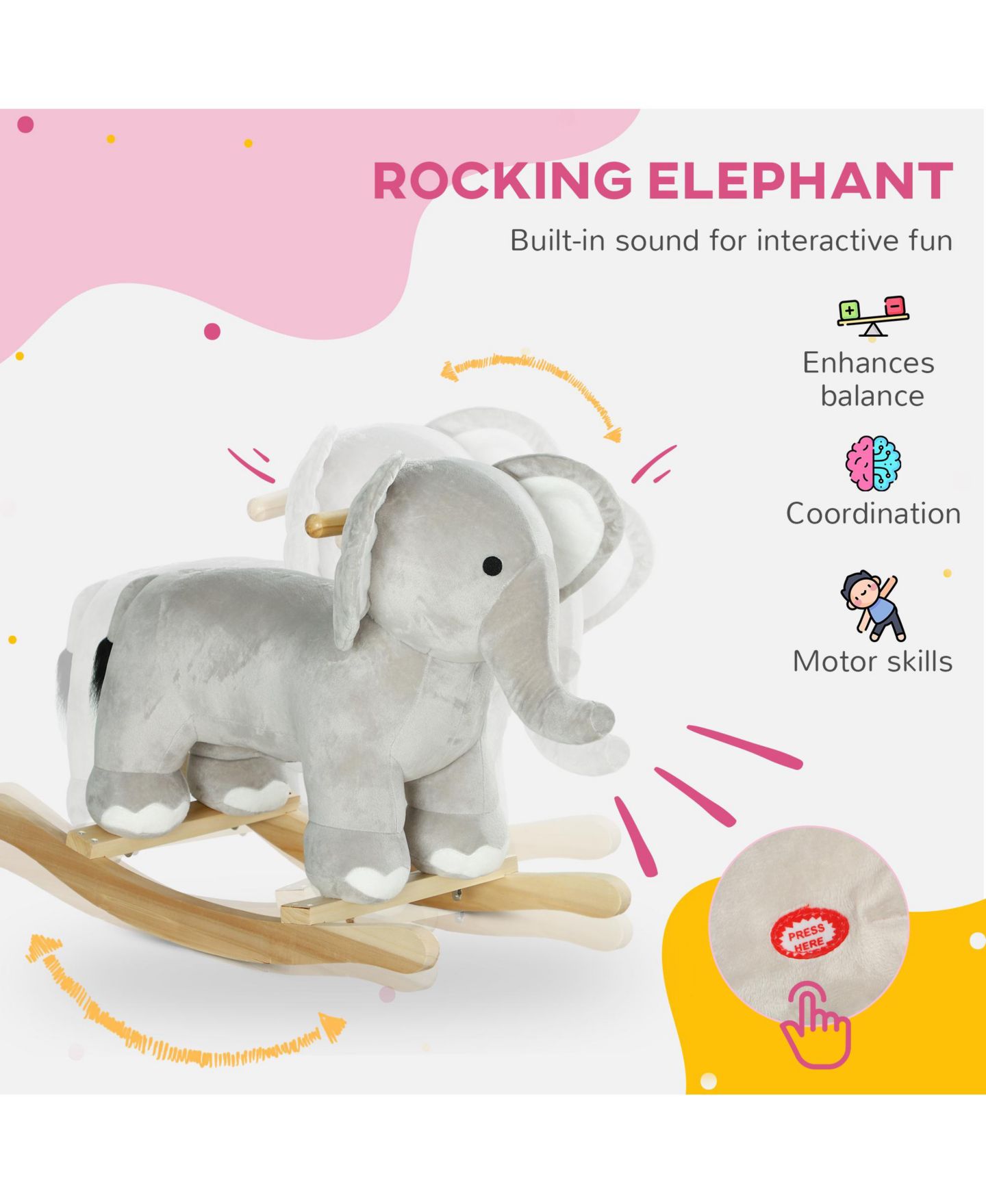 Детская игрушка Qaba Elephant Rocker with Realistic Sounds Rocking Horse, 88 lbs. Capacity, Ages 2-4, цвет: Серый — фото 3