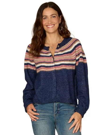 Petite Stripe Jacquard Long-Sleeve Cardigan Sweater - Navy Multi
