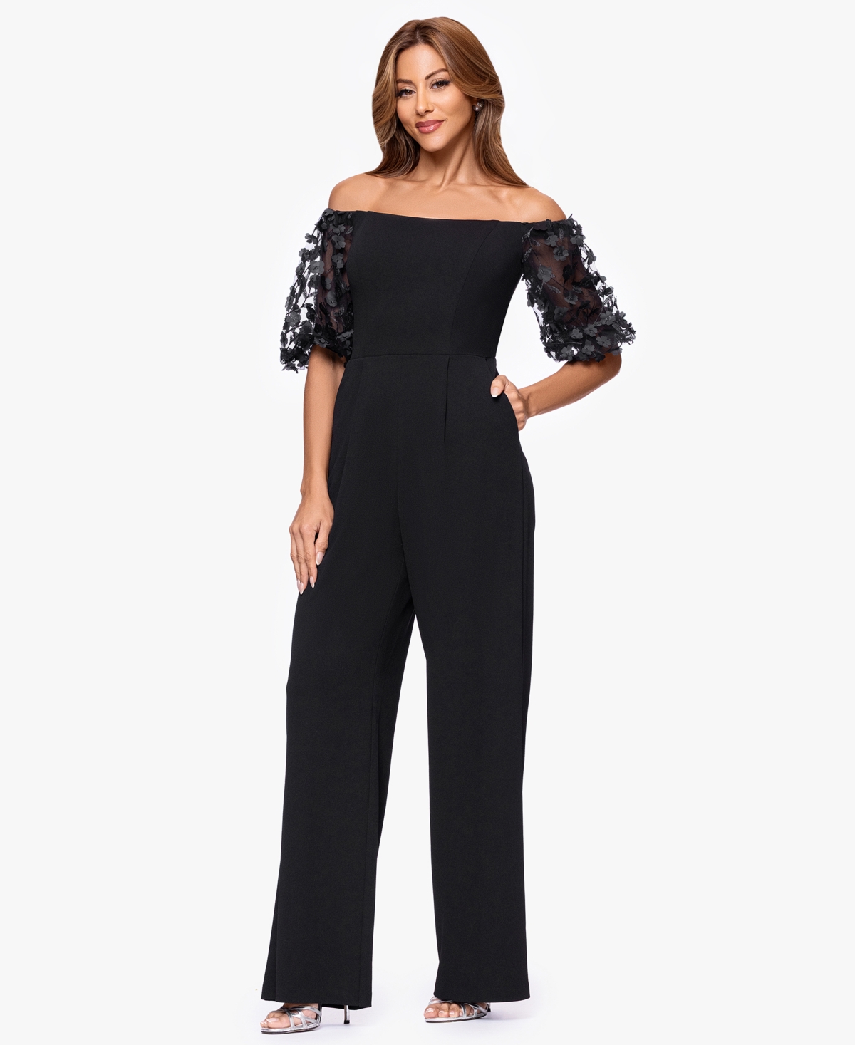 Xscape Women's Off-the-shoulder Ruched Side Floral Jumpsuit In Black