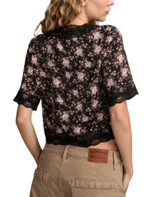 Women's Floral Lace Trimmed Short-Sleeve Top