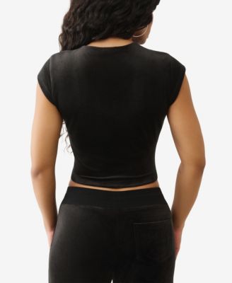 Women's Short Sleeve Crystal True Religion Velour Baby T-Shirt