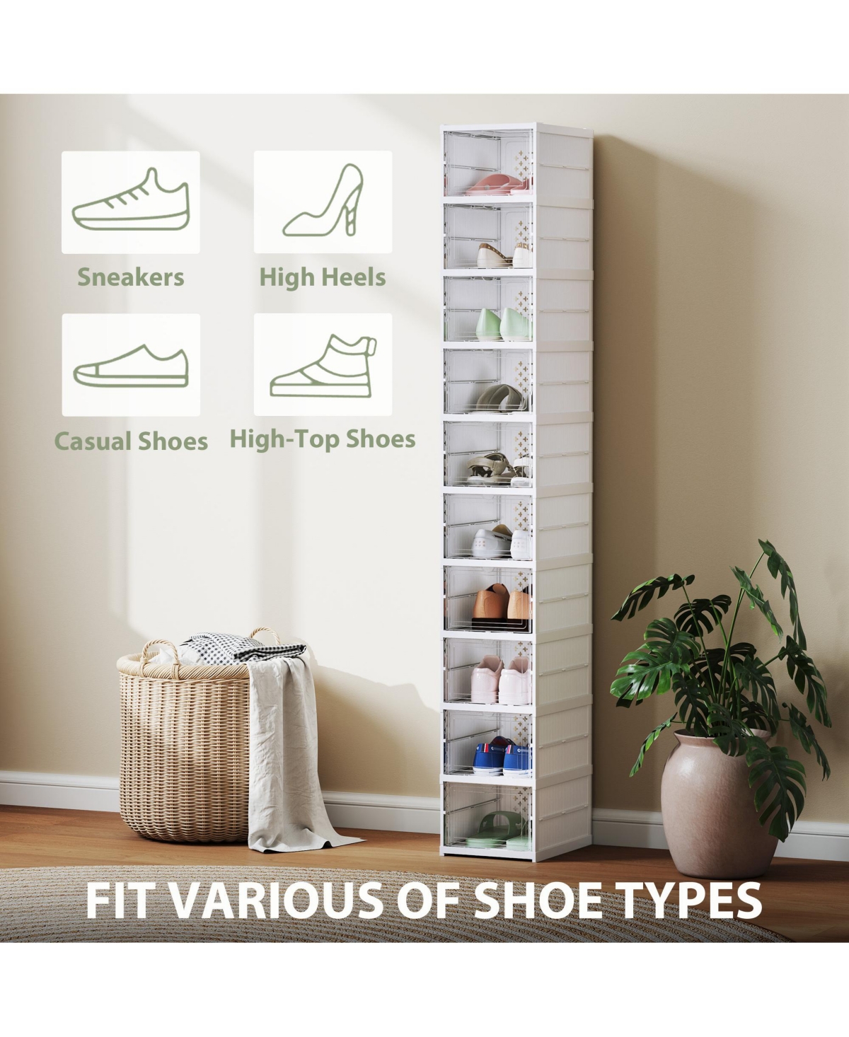 Homcom 10 Pack Foldable Shoe Boxes Stackable Shoe Organizer Fit Size 10