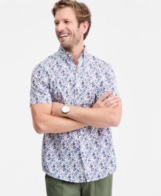 Men's Indigo Floral Poplin Short-Sleeve Shirt