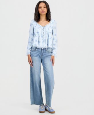 Juniors' Lace-Trim Floral-Print Pintucked Top