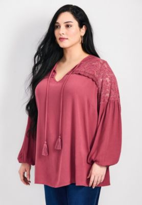 Women's Plus Size Marcie Lace Yoke Long Sleeve Top