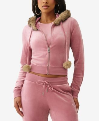 True Religion Women's Crystal Velour Shrunken Hoodie - Macy's