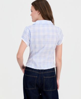 Juniors' Button-Front Printed Cotton Shirt