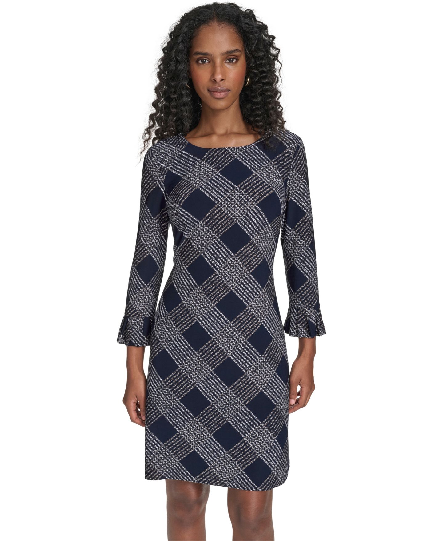 Женское платье Tommy Hilfiger Petite Plaid 3/4-Sleeve Shift, цвет: Небесно-голубой / Песочный — фото 2
