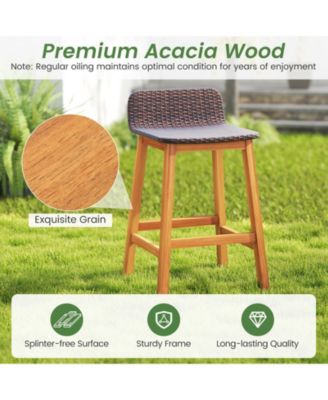 Solid Acacia Wood Bar Stools Set of 2 Rattan Bar Height Patio Chairs for Porch