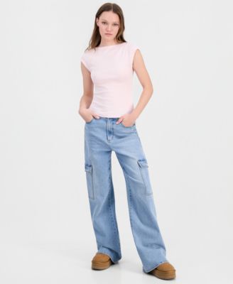 Juniors' Boat-Neck Cap-Sleeve Cotton T-Shirt