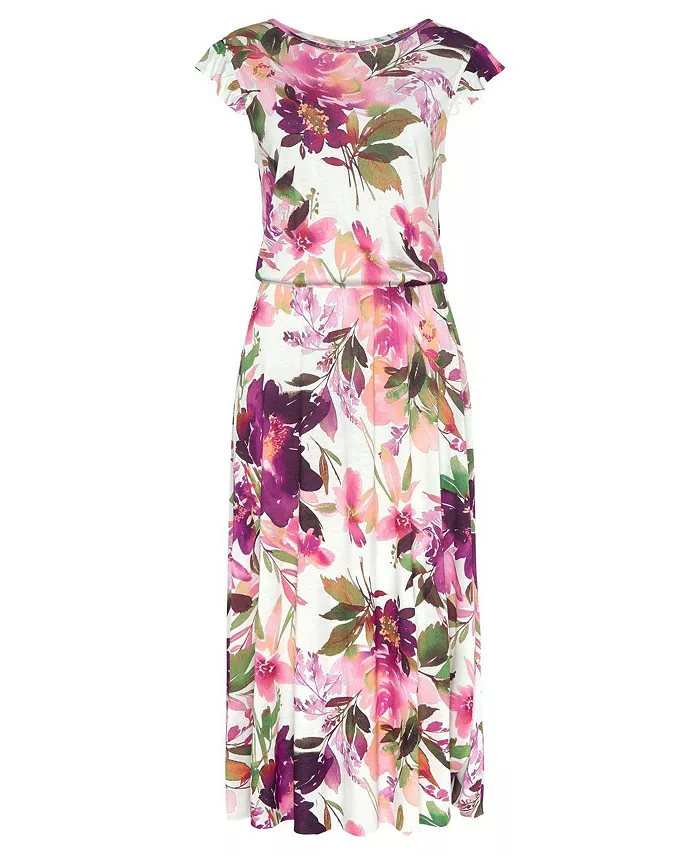 Women's Viscose Printed Flutter Sleeve A-Line Elastic-Waist Midi Dress - thumbnail 5