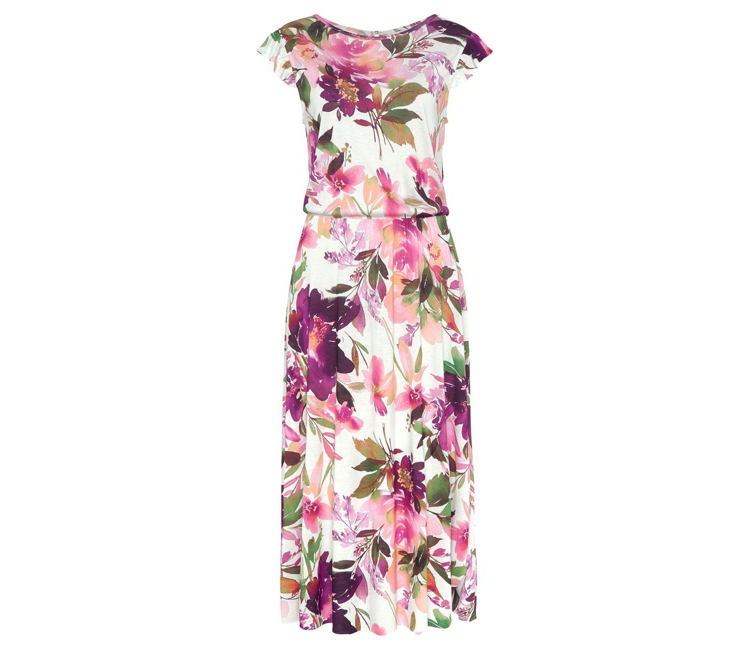 Women's Viscose Printed Flutter Sleeve A-Line Elastic-Waist Midi Dress