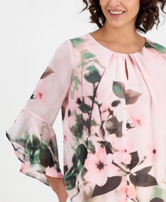 Petite Flutter-Sleeve Keyhole-Cutout Top