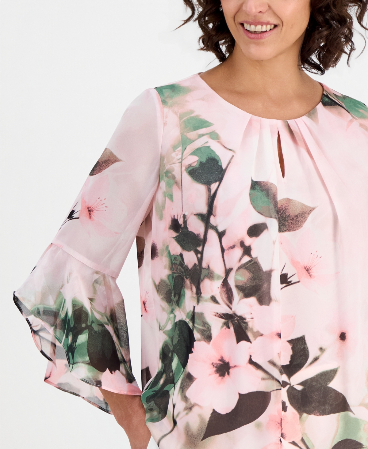 Kasper Petite Flutter-Sleeve Keyhole-Cutout Top