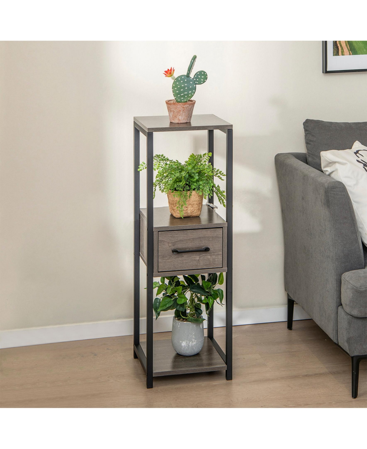 Sugift 2 Pack 3 Tier Tall Metal Plant Stand with Drawer and Display Shelf