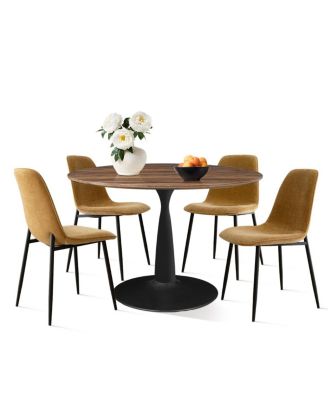5-Piece Round Dining Table Set with Metal Base and Walnut Top, Modern Kitchen Table and Chairs for 4, Space-Saving Small Dining Set