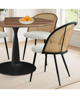 5-Piece Round Dining Table Set with Faux Rattan Back Chairs, Walnut MDF Top and Metal Base, Small Kitchen Table Set for 4