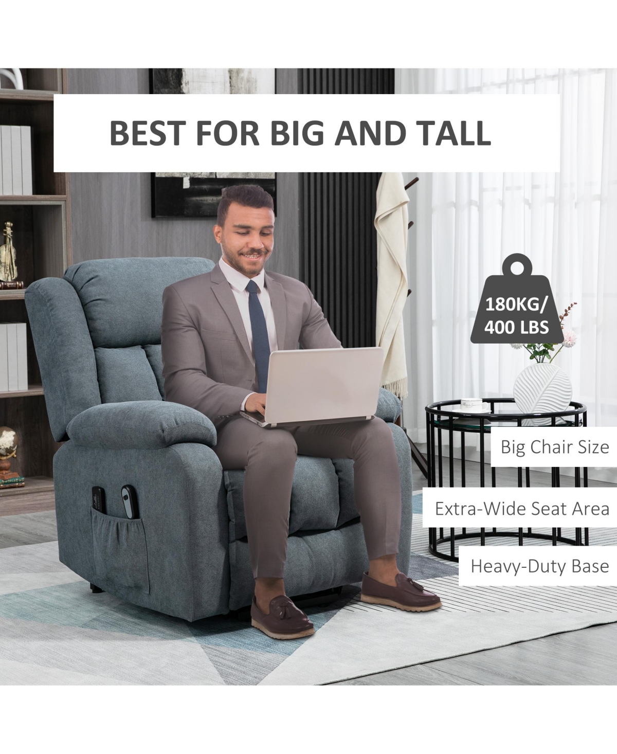 Homcom Power Lift Chair for Elderly Big and Tall with Massage, Linen Fabric Upholstered Recliner Sofa Chair with Remote Control, Side Pockets, Grey