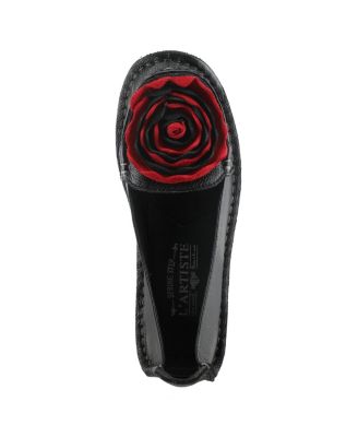 Dezi Hand-Painted Leather, Ombre Finish, Flower Accent, Cushioned Insole, Rubber Outsole – Round Toe Artisan Slip-On Flats