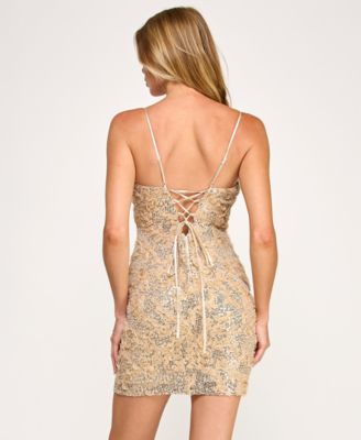 Juniors' Sequin Soutache Strappy V-Neck Dress