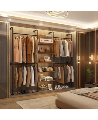 6.42FT Industrial Metal Pipe Clothing Rack, Reversible Clothes Rack with 5 Shelves and 4 Hanging Rods