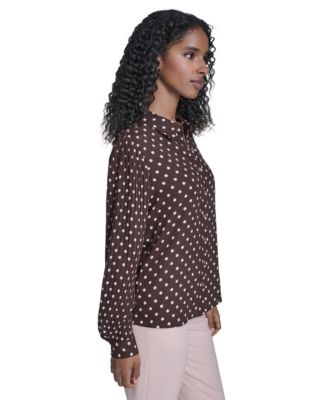 Women's Dot Pleated-Sleeve Button-Up Top
