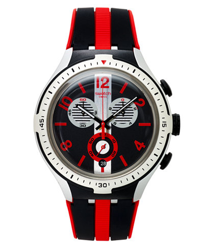 Swatch Unisex Swiss Chronograph Stripes Black and Red Silicone Strap Watch 43mm YYS4013