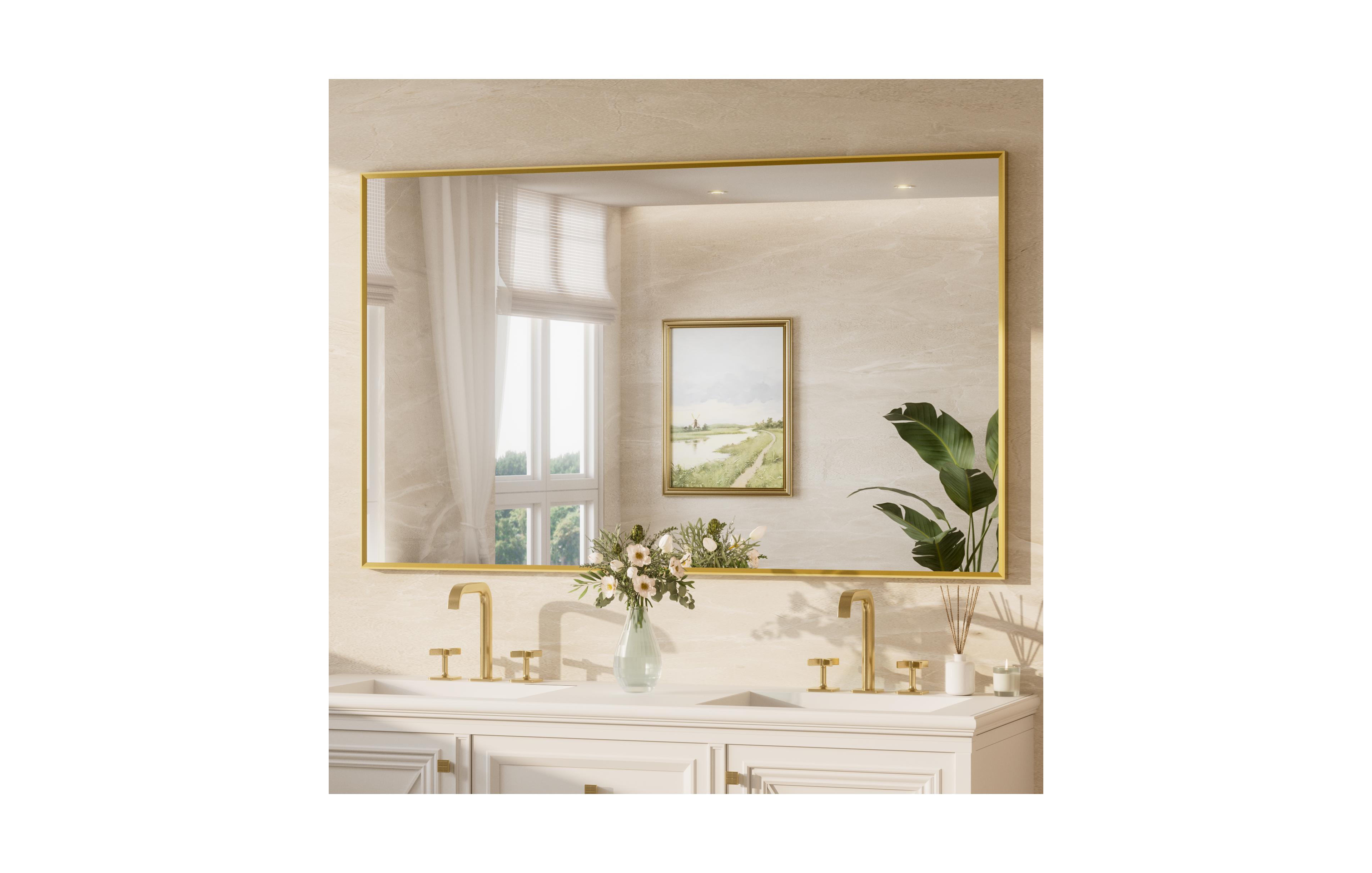 Keonjinn 60x36 Inch Brushed Gold Bathroom Vanity Mirror Metal Framed Over Sink Wall Mirror Horizontal/Vertical